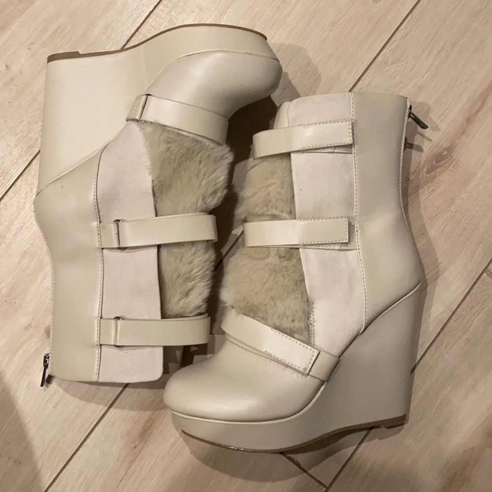 Juicy Couture wedge heel booties with faux fur